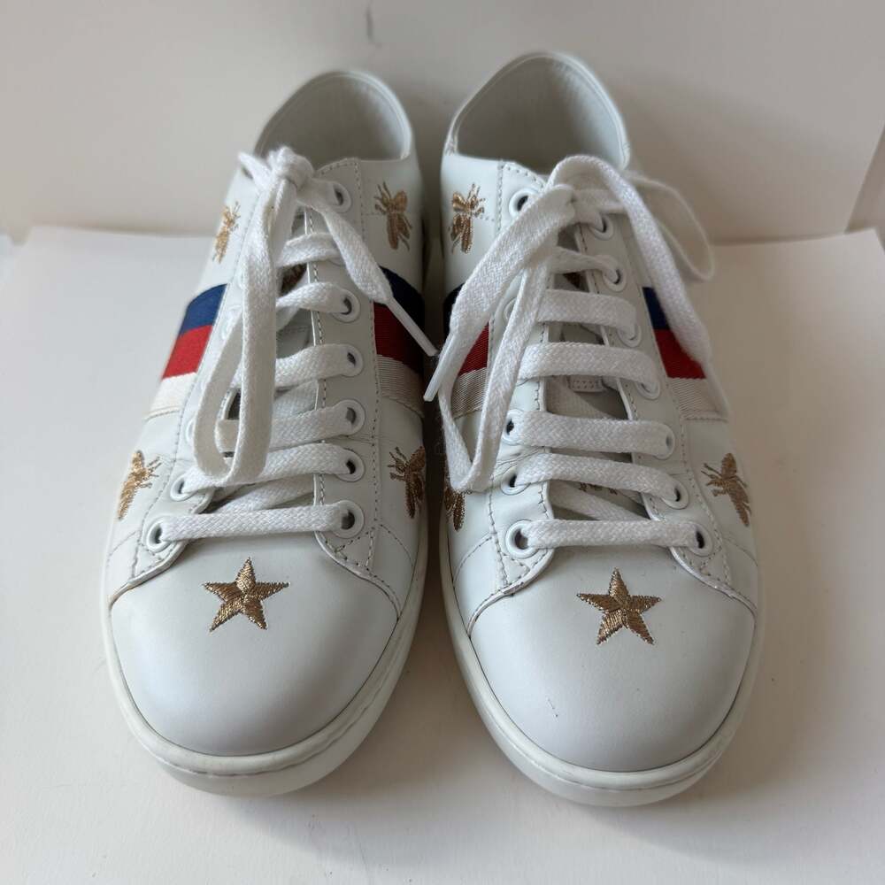 Gucci Ace White Leather Bee and Star Embroidered Sneakers